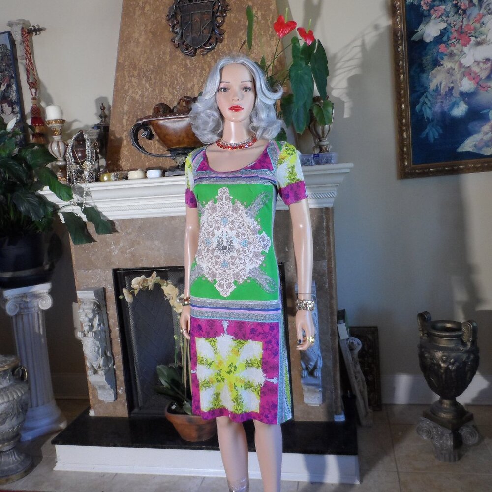 ETRO Milano Multicolor Paisley & Ornamental Print Scoop-Neck Sheath Dress Size 8